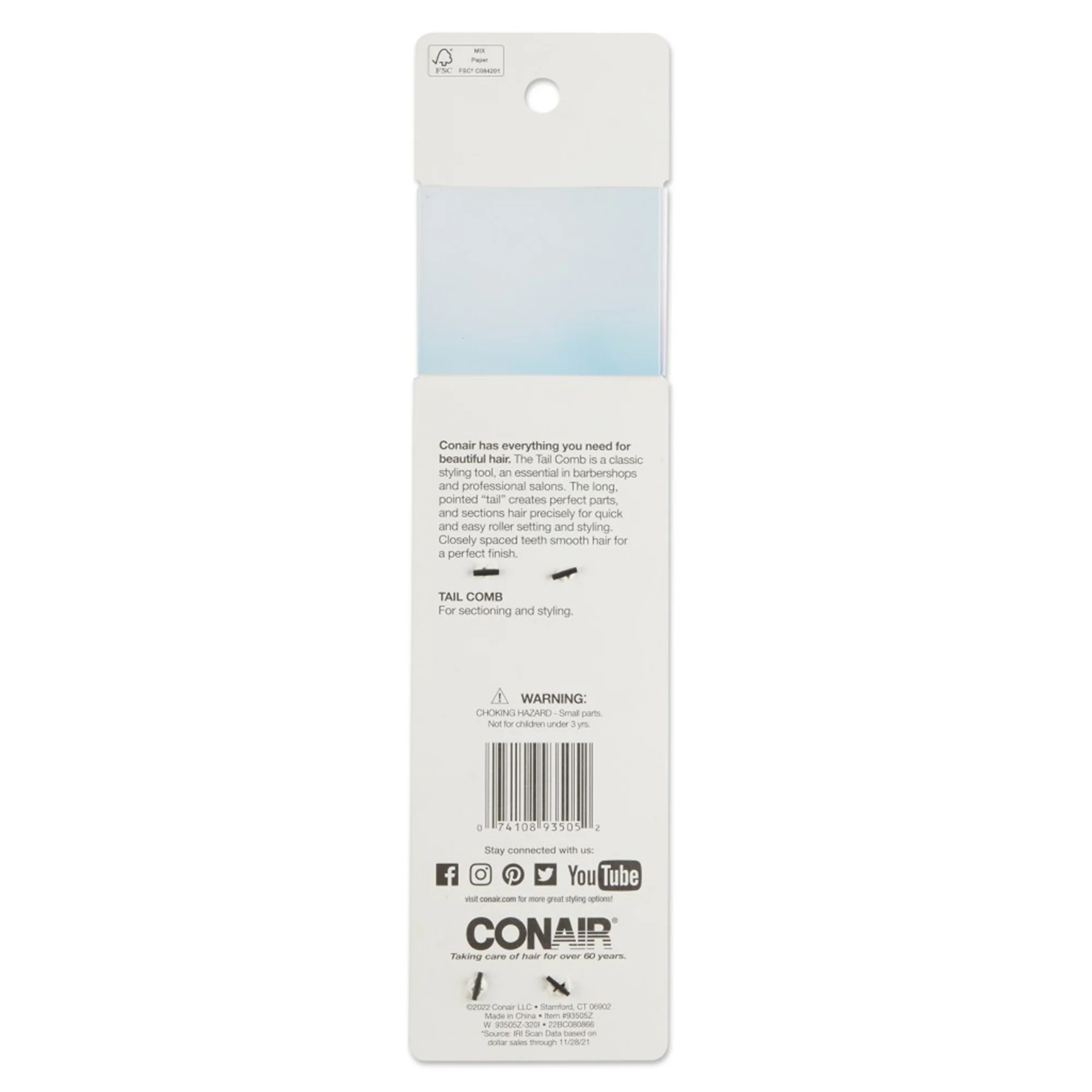 Conair Hard Rubber Tail Comb Peine Fino Nro. 93505 - Image 2