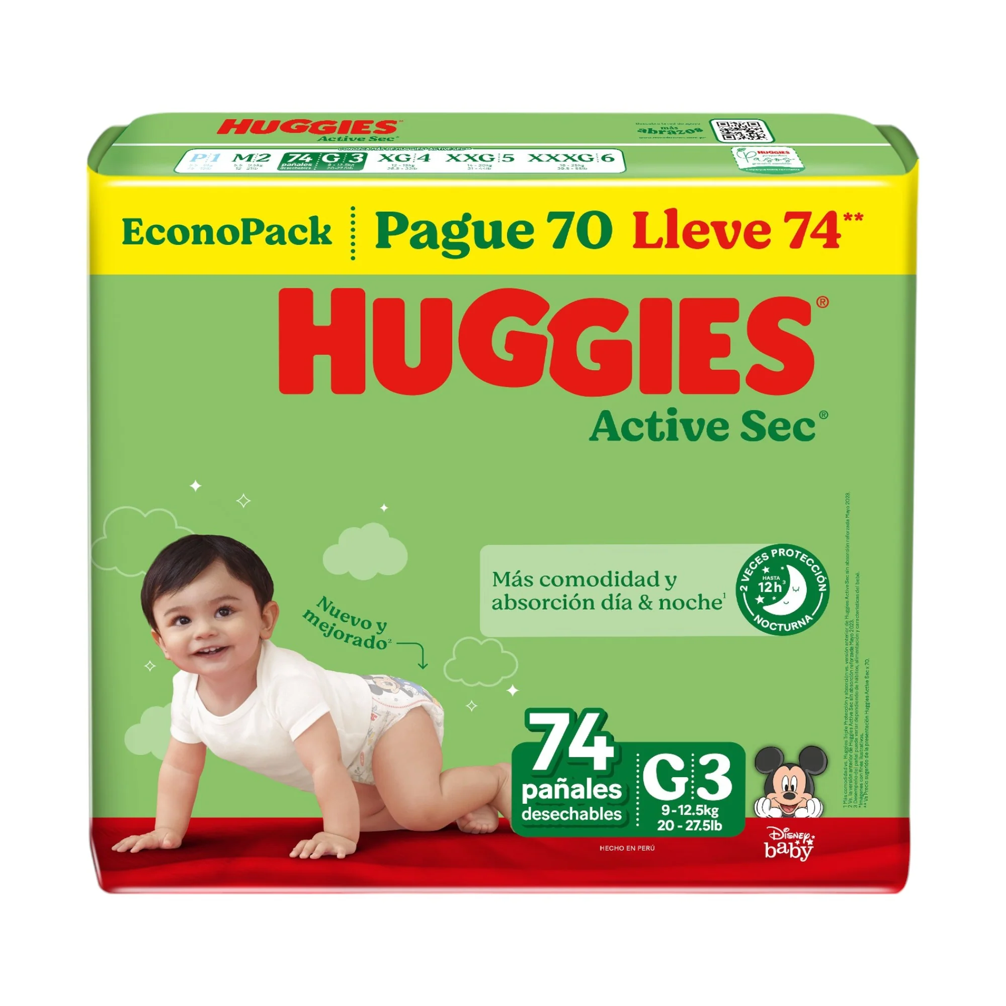 Pañales Active Sec Talla G Verde Huggies X 74 Unidades