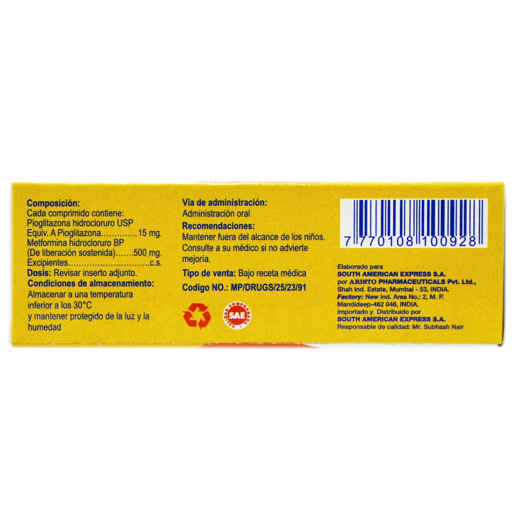 Piomet Pioglitazona 15Mg Y Metformina Clorhidrato 500Mg X Tableta - Image 3