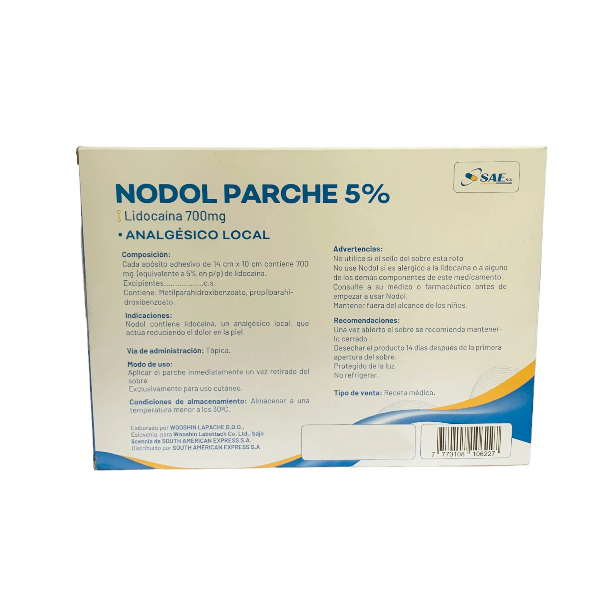 Nodol Lidocaína 5% Caja X 1 Sobre Con 5 Parches - Image 2