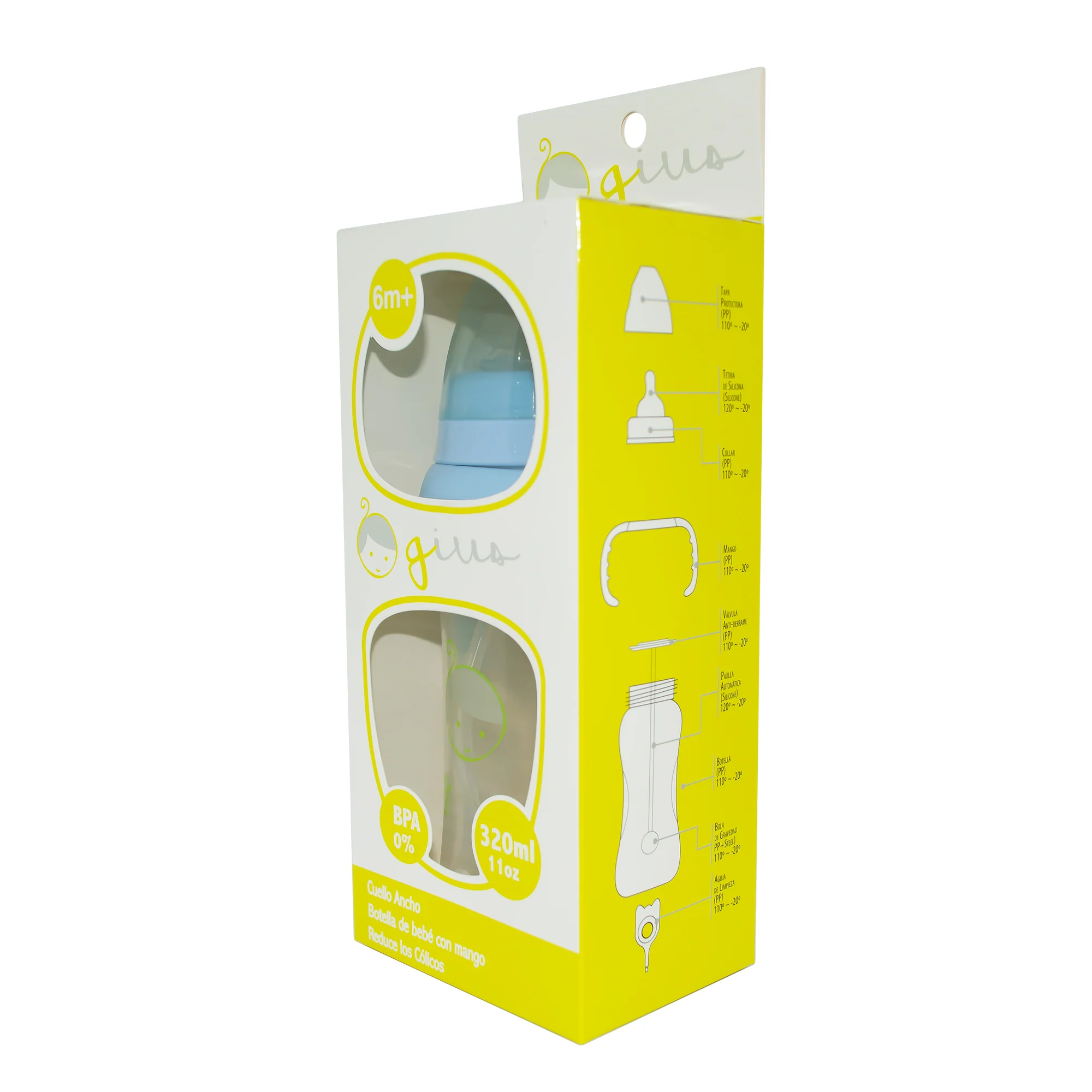 Mamadera Gius Cuello Ancho Con Mango Celeste 6M+ X 320Ml - Image 2