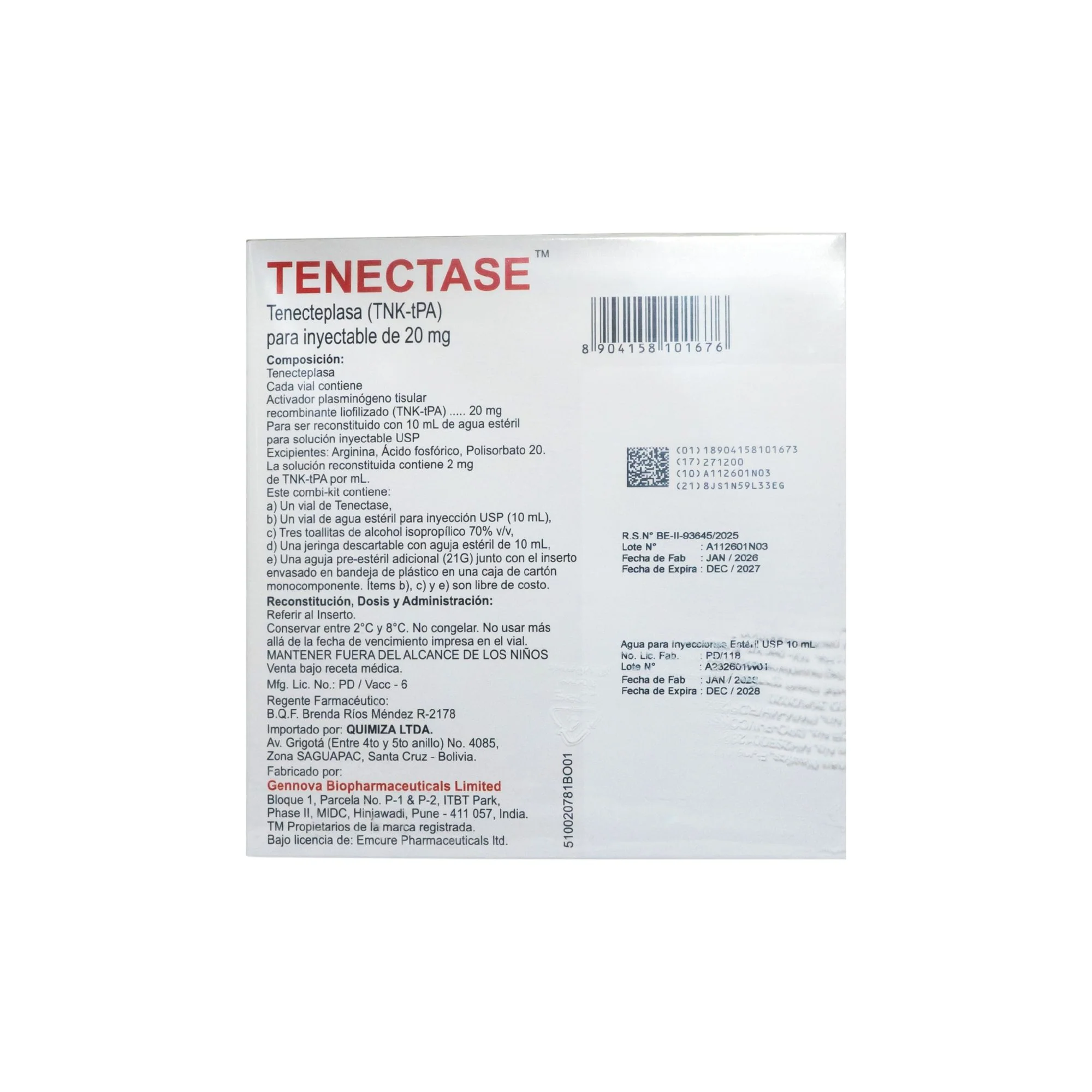 Tenectase Tenecteplasa 20Mg Iv Frio X Frasco + Ampolla - Image 2